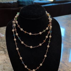 Multi-Strand Pearl and Crystal Beaded Necklace in Ivory and Multicolor